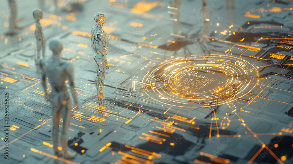 Poster futuristic industrial automation scene with humanoid robots and glowing circuits, showcasing advance