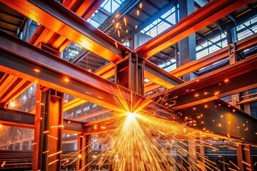 Obraz premium Intense Sparks Fly During the Precision Welding of Robust Steel Beams in an Industrial Setting