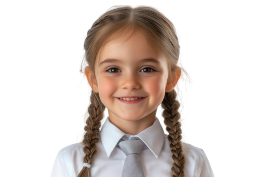 Portrait of smiling school girl with braids isolated on white or transparent, PNG