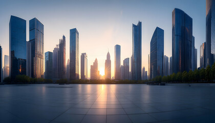 Stunning sunrise cityscape panorama; modern skyscrapers, urban skyline, tranquil plaza. Ideal for corporate, real estate, and travel projects.