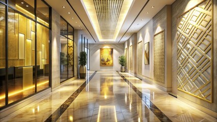 Obraz premium Luxurious Corridor with Golden Accents and Polished Flooring, Featuring Modern Art and Elegant Design