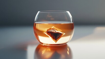 Teabag steeping in glass, light background, calm scene, beverage
