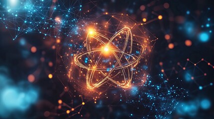 A glowing science-themed background with atomic particles, molecular bonds, and digital grids