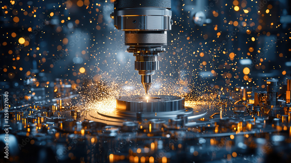 Aufkleber automated cnc machine carving metal part, creating sparks and glowing effects