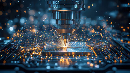 Automated CNC machine carving metal part with sparks flying, showcasing precision and technology in manufacturing