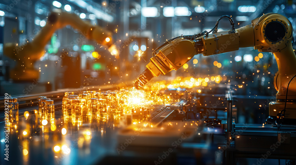 Aufkleber automated food processing plant with robotic arms creating sparks