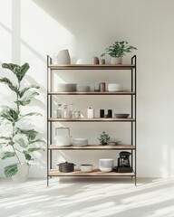 Industrial shelving units with a minimalist aesthetic in a bright setting