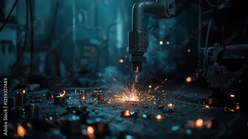 Poster automated metal cutting machine creating sparks in dark workshop