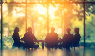Silhouetted business team meeting near large window, sunlight streaming in, vibrant green foliage background.  Success, collaboration, teamwork concept.