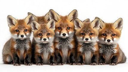 Group of six adorable fox cubs sitting closely together against a plain background, showcasing their playful expressions