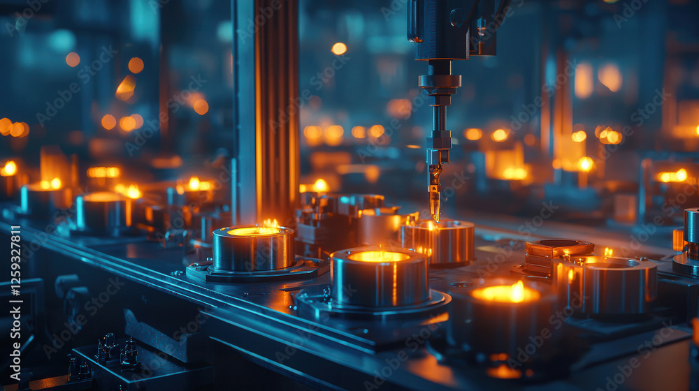 Poster automated metal stamping machine with glowing dies factory setting. scene captures intricate machine