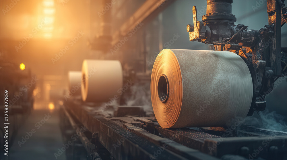 Poster automated paper mill with glowing rolls of paper in factory setting