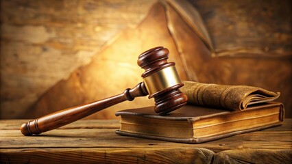 A judicial gavel rests atop an open book with a leather cover