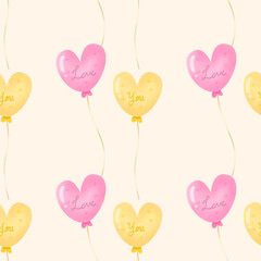 Cute Handdrawn Watercolor Hearts Balloons Seamless Pattern