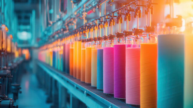 Automated textile dyeing machine with vibrant colored spools glowing in light