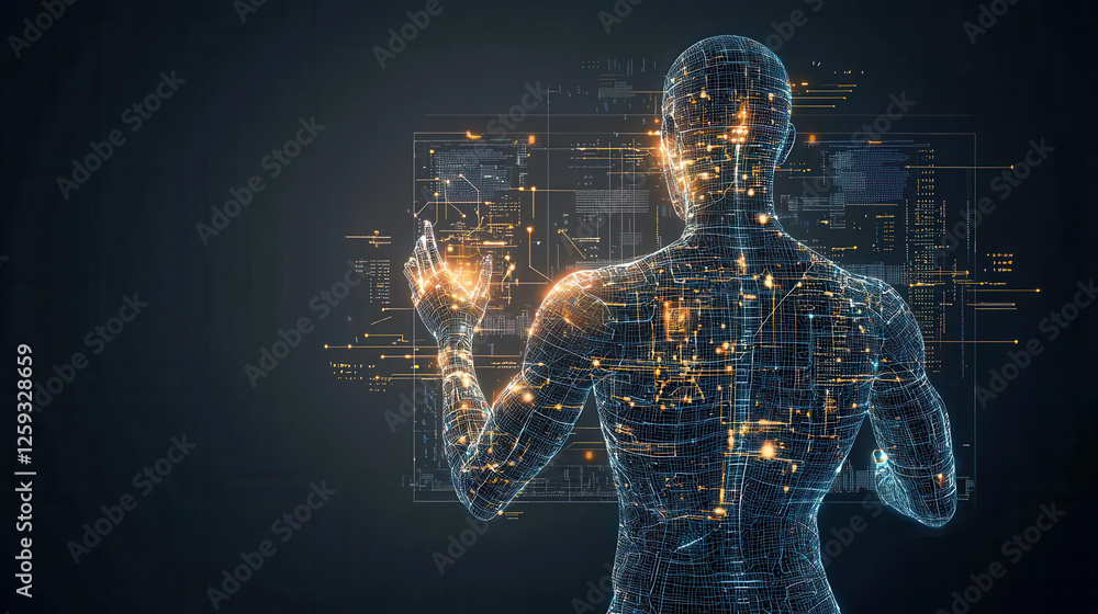 Poster humanoid robot with glowing circuitry interacts with digital interface, showcasing advanced technolo