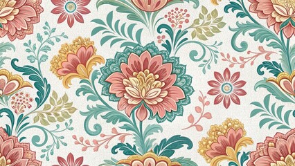 Obraz premium Elegant Damask Floral Food Photography: Intricate Pattern, Subtle Blooms, Gourmet Dish