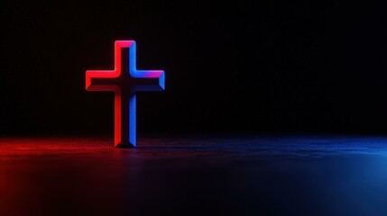 Fototapeta premium Religious Cross Symbol Lit in Red and Blue for Faith and Belief in Dark Dramatic Setting