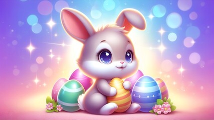 A vibrant, high-definition, 3D of an adorable chibi bunny easter day background.
