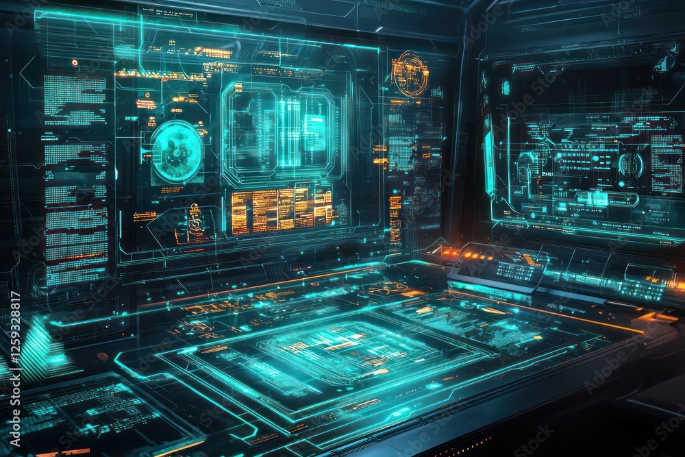 Poster glowing data clusters in cyberpunk holograms present dynamic visuals.