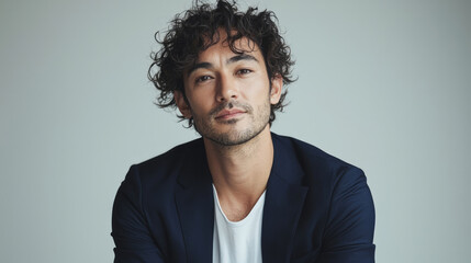 Obraz premium A man with curly hair, wearing a navy blue suit and a white t-shirt, generative AI