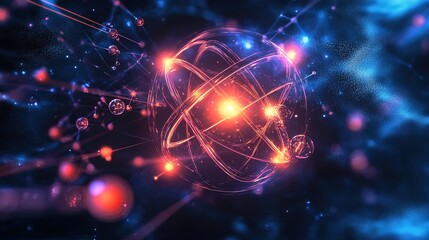 Fototapeta premium A glowing science background with energy waves, molecular interactions, and data symbols