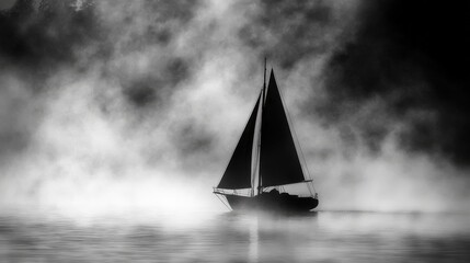 Mysterious Sailboat Gliding Through Foggy Waters in Black and White
