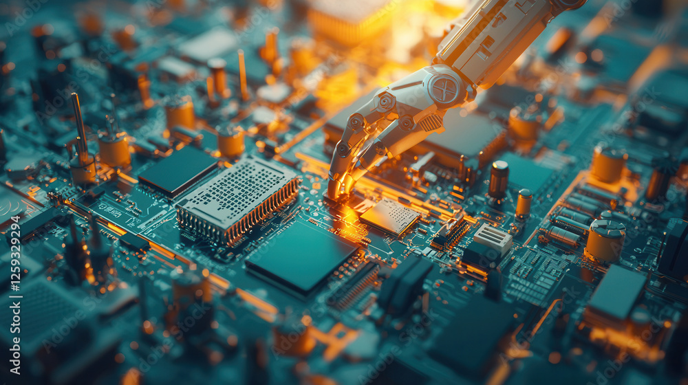 Poster futuristic robotic arm assembling electronic components on circuit board, showcasing advanced techno