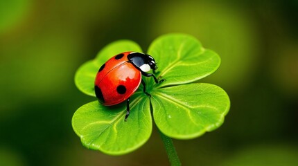 Obraz premium A graceful ladybug with refined features, perched atop a four-leaf clover.