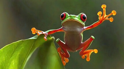 Naklejka premium Vibrant red-eyed tree frog perched on a leaf, showcasing its colorful limbs in a lush environment