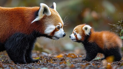 A close encounter between a red panda and its cub in a lush forest setting, showcasing their bond