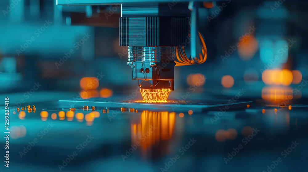 Poster high tech industrial 3d printer creating metal object with precision and innovation. glowing details