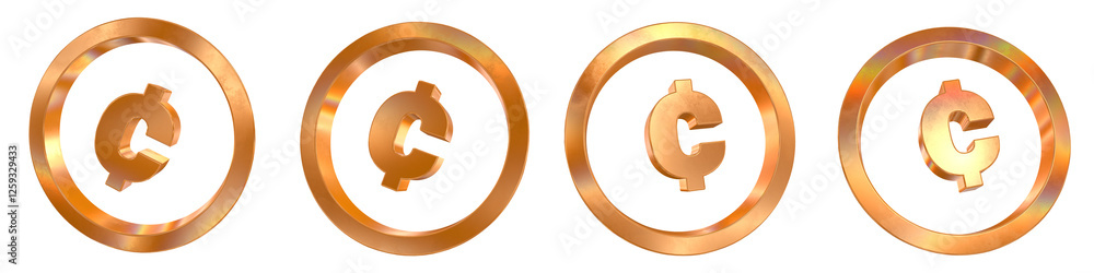 Poster set of 4 3d cent coin outline shapes with golden and rainbow effects isolated on a transparent backg