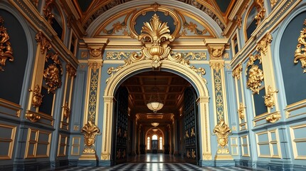 Fototapeta premium Ornate Hallway with Golden Details and Arches Creates a Sense of Grandeur