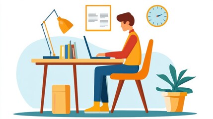 Time management techniques. A person working at a desk with a laptop, lamp, and plants in a bright workspace.