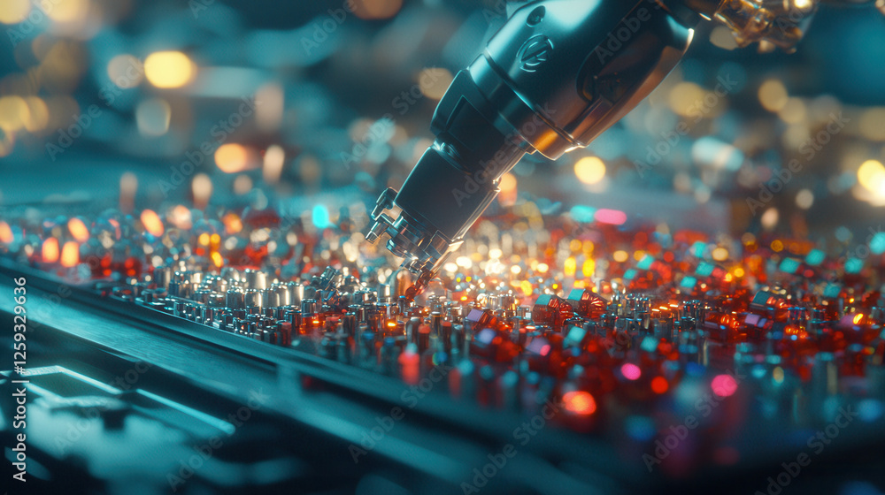 Poster high tech industrial robot assembling precision components on circuit board, showcasing advanced tec