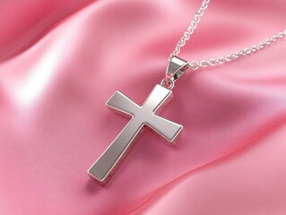 Silver Cross Pendant Shines on Light Pink Silky Fabric Displaying Elegant Religious Symbolism