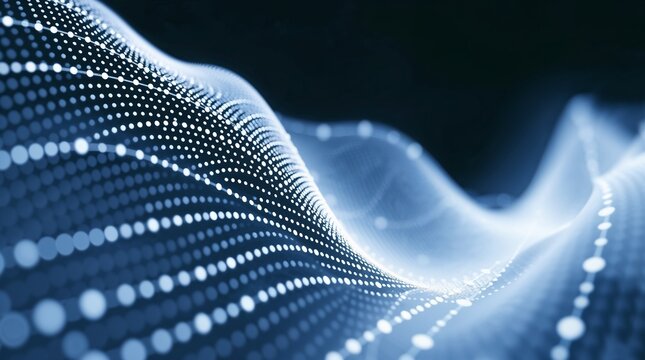 close-up shot of an abstract white futuristic background featuring connecting dots and lines in a wave pattern, detailed focus, high contrast, creating a sense of tension.