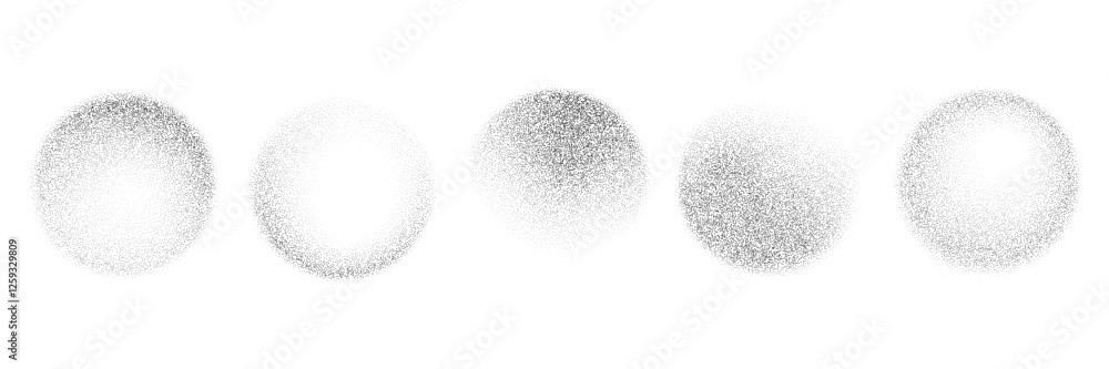 Aufkleber Black round stippled gradient set. Grunge circle dotted shadow collection. Radial noise texture brush pack. Halftone grainy sand diffuse shape bundle. Round spray patterns. Vector dotwork forms