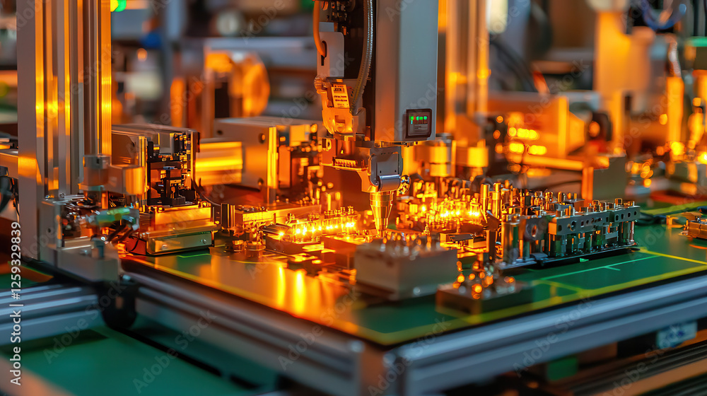 Poster high tech industrial robot handling delicate components in factory setting, showcasing precision and