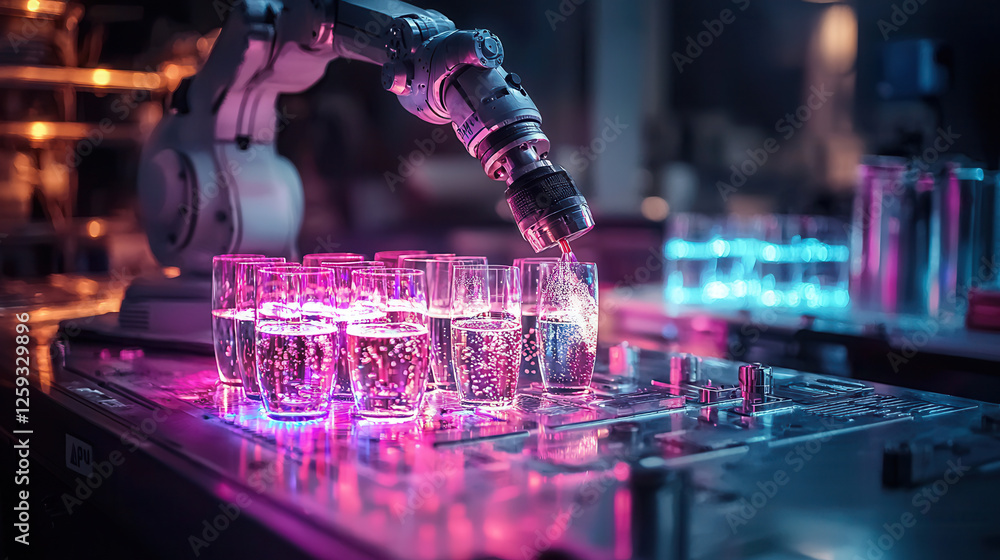 Poster high tech industrial robot carefully handling fragile glassware with precision and vibrant lighting