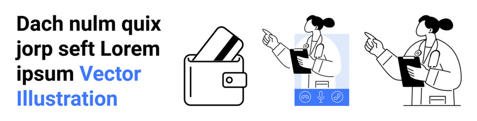 Doctor holding a clipboard and pointing, alongside a digital wallet. Ideal for finance, healthcare, digital tools, consultations, medical services, technology modern business solutions. Landing page