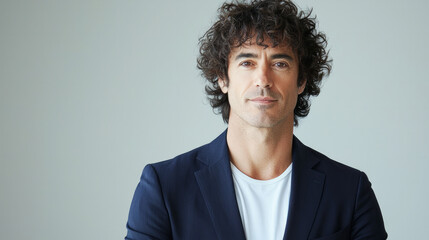 Obraz premium A man with curly hair, wearing a navy blue suit and a white t-shirt, generative AI