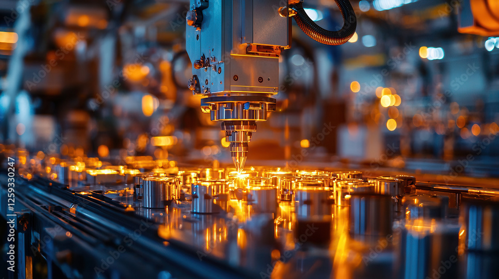 Poster high precision industrial robot assembling optics in factory setting, showcasing advanced technology