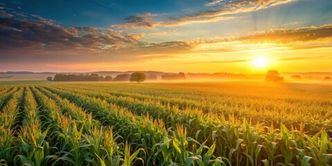 Soft golden light illuminates a vast expanse of ripened corn fields as morning sunrise breaks over the horizon, landscape, rural scenery