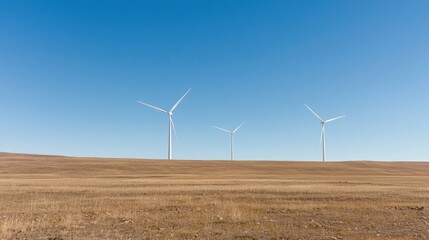 Wind turbines on a vast dry plain under a clear blue sky. Possible use Stock photo for renewable energy, environmental conservation, or landscape photography