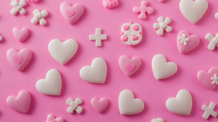 Sweet Heart Candy Delights in Pink and White Harmony on a Playful Pink Background