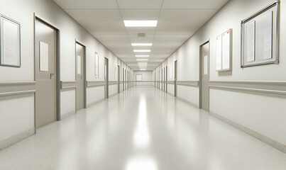 Obraz premium Long, empty hospital corridor; sterile, clean, bright lighting; medical facility interior; perspective view.