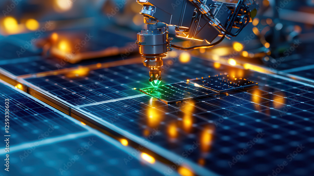 Poster automated robot assembling solar panels with glowing lights and precision