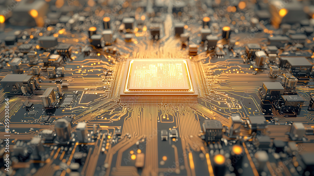 Poster close up view of circuit board with intricate electronic components, showcasing glowing processor ce